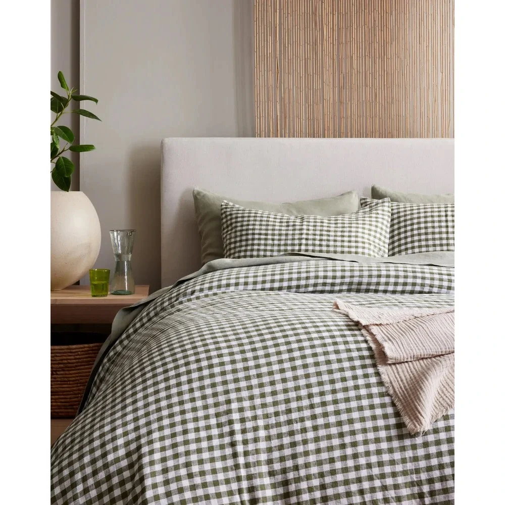 Quince Organic Cotton Gingham Duvet Cover Set Size Full Queen Olive Green NEW